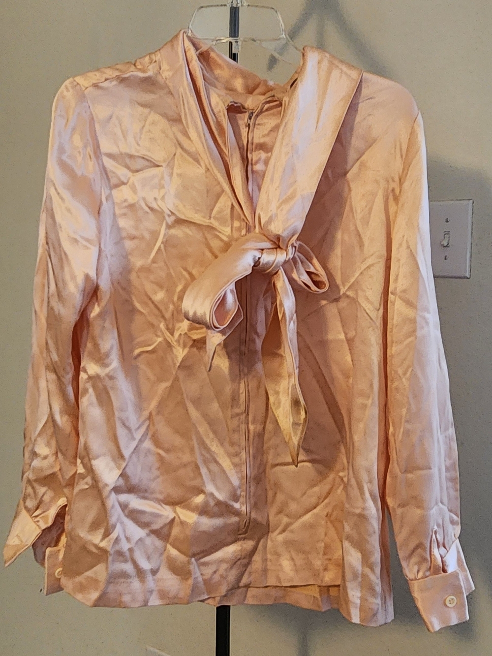 Blush Pink Satin Tie-Neck Blouse